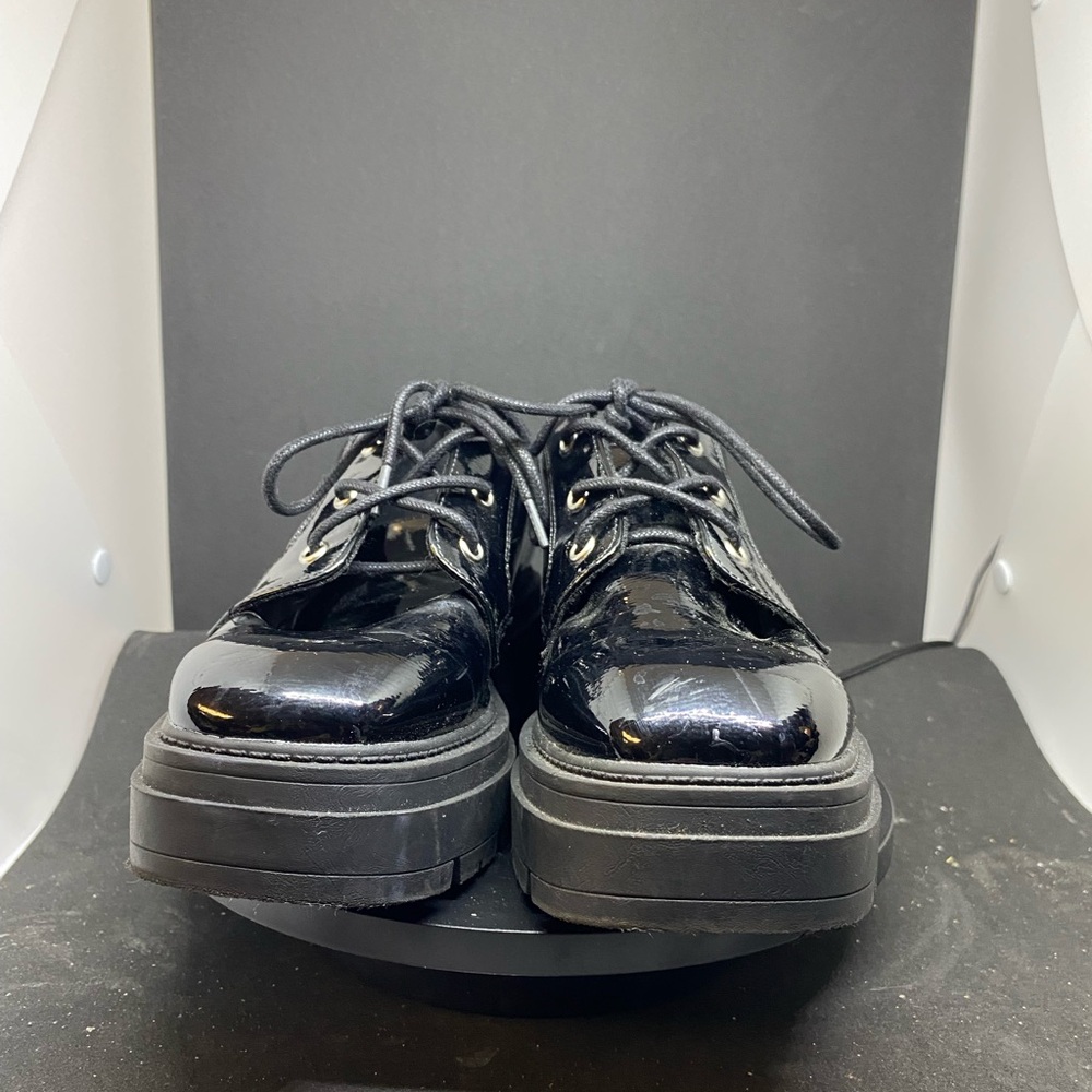 Call It Spring Glossy Black Patent Vegan Women’s Lace Up Oxfords EUC size 6